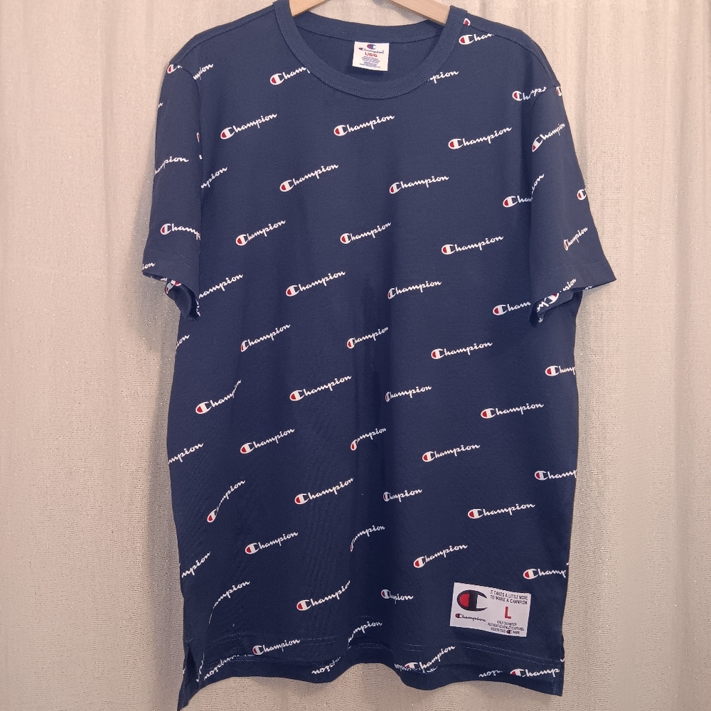CHAMPION Blue All Over Print Champion Logo T-Shirt Mens SZ L